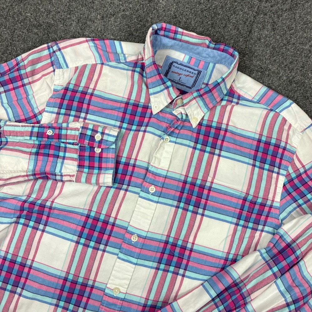Saddlebred Vintage Oxford Mens Size Large Pink Blue Plaid Button Down Shirt
